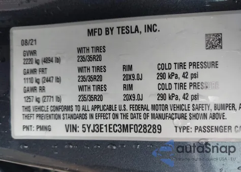 2021 Tesla Model 3 Performance Dual Motor All-Wheel Drive из США, поврежденный, VIN 5YJ3E1EC3MF028289